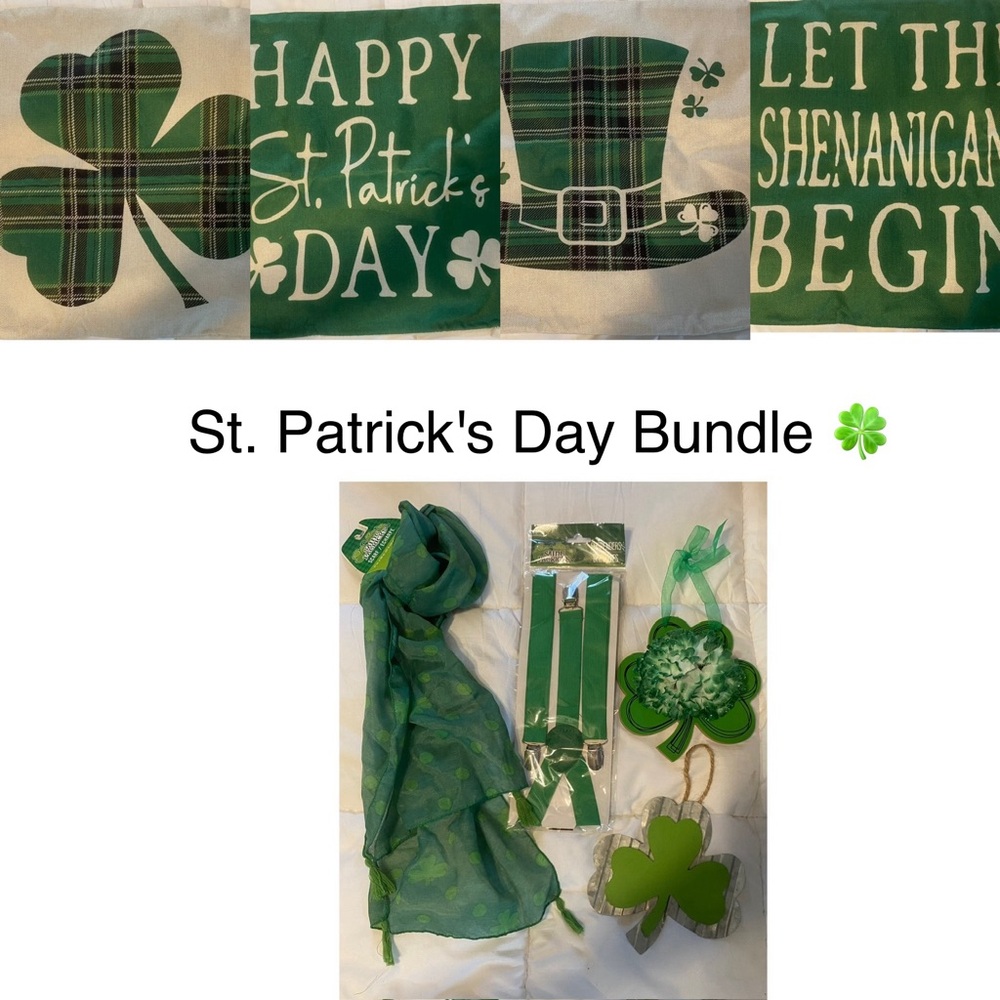 NWT St.Patrick's Day Bundle 4-Pillow Covers Suspenders, Scarf & Wall Plaques